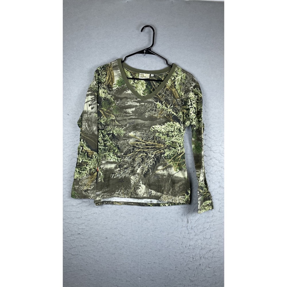 SHE Safari Shirt Womens Large Green Camo Long Sleeve‎ V Neck Hunting Top Outdoor